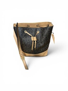 Calvin Klein Brown Logo Drawstring Crossbody with Tan Trim